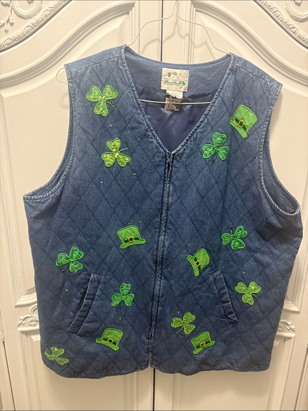 Quaker Factory - Quilted Denim Vest with Shamrock & Leprechaun Appliqués